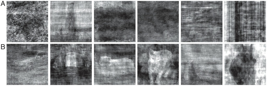 The image is divided into two rows labeled A and B, each containing six black-and-white, blurry, and textured images. The first row (A) includes the following images from left to right:

- An indistinct image with various shades of gray, appearing highly textured and grainy.

- An image of a structure resembling a tower or oil rig with crisscrossing lines, somewhat clearer than the first image.

- A heavily blurred and dark image with major smudging.

- Another blurry and dark image slightly clearer in the center with indistinct forms possibly representing a bear.

- A close-up of a texture or fur, appearing vertically streaked.

- Another image that is predominantly vertical streaks.

These are images that pose challenges for humans but relatively easy for machine classifiers. The correct classifications are bird, boat, bear, bear, oven, and oven.

The second row (B) includes the following images from left to right:

- A slightly more discernible image of a car, still grainy but recognizable.

- A heavily obscured image of a large front portion of a vehicle, possibly a truck.

- An image with a blurred figure of a cat, slightly clearer yet still heavily textured.

- Another blurry image with a different cat.

- An image slightly resembling a bear amidst heavy blurring.

- Another obscured image with a bear-like figure.

These are images that are difficult for machine classifiers but easier for humans. The correct classifications are car, car, cat, cat, bear, and bear.
