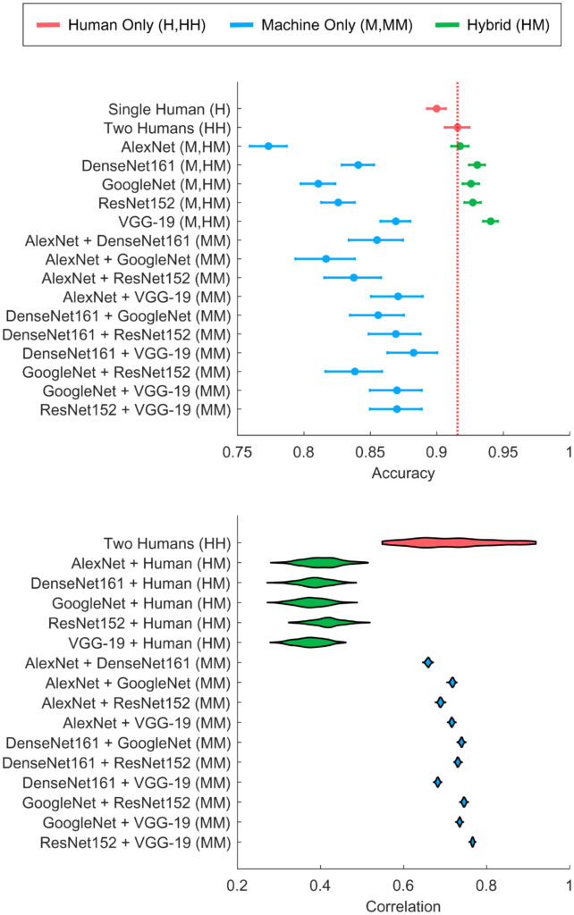 The image consists of two panels. The panel A presents accuracy results with 95% confidence intervals, while the panel B shows posterior distributions over correlations from a Bayesian combination model.

The panel A features a horizontal bar chart illustrating the accuracies of different models and their combinations, along with 95% confidence intervals. The x-axis ranges from 0.75 to 1, labeled as "Accuracy." The y-axis is labeled with model names or combinations of models and their labels in parentheses:

    Single Human (H)

    Two Humans (HH)

    AlexNet (M,HM)

    DenseNet161 (M,HM)

    GoogleNet (M,HM)

    ResNet152 (M,HM)

    VGG-19 (M,HM)

    AlexNet + DenseNet161 (MM)

    AlexNet + GoogleNet (MM)

    AlexNet + ResNet152 (MM)

    AlexNet + VGG-19 (MM)

    DenseNet161 + GoogleNet (MM)

    DenseNet161 + ResNet152 (MM)

    DenseNet161 + VGG-19 (MM)

    GoogleNet + ResNet152 (MM)

    GoogleNet + VGG-19 (MM)

    ResNet152 + VGG-19 (MM)

Color coding is used to distinguish between "Human Only" (red), "Machine Only" (blue), and "Hybrid" (green):

- Red dashed vertical line at approximately 0.91 represents the accuracy of "Two Humans."

- Blue dots with horizontal lines represent Machine Only models (M, MM).

- Green dots with horizontal lines represent Hybrid models (HM).

The panel B displays posterior distributions over correlations from the Bayesian combination model across different model combinations. The x-axis ranges from 0.2 to 1, labeled as "Correlation." The y-axis is labeled with similar model names as in the top panel:

    Two Humans (HH)

    AlexNet + Human (HM)

    DenseNet161 + Human (HM)

    GoogleNet + Human (HM)

    ResNet152 + Human (HM)

    VGG-19 + Human (HM)

    AlexNet + DenseNet161 (MM)

    AlexNet + GoogleNet (MM)

    AlexNet + ResNet152 (MM)

    AlexNet + VGG-19 (MM)

    DenseNet161 + GoogleNet (MM)

    DenseNet161 + ResNet152 (MM)

    DenseNet161 + VGG-19 (MM)

    GoogleNet + ResNet152 (MM)

    GoogleNet + VGG-19 (MM)

    ResNet152 + VGG-19 (MM)

Triangles and kidney-shaped curves in different colors represent the posterior distributions for each combination.
