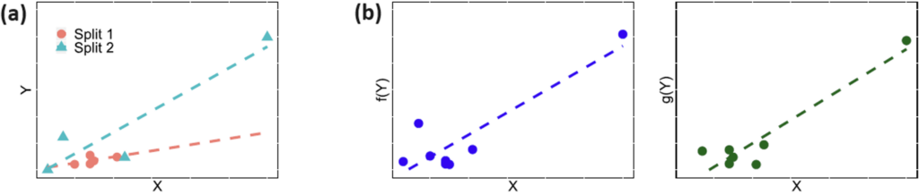 Three plots with the leftmost have a split 1 line much shallower than the split 2 line (axes are X horizontal and Y vertical) The middle plot has a dashed line at a slope of around a 9/10 and dots above and below mostly close to the origin and one just above the line at the other end (F(Y) vertical axis and X horizontal axis) The right most plot looks like the middle except the dots are closer to the line (axes are g(Y) vertical and X horizontal)