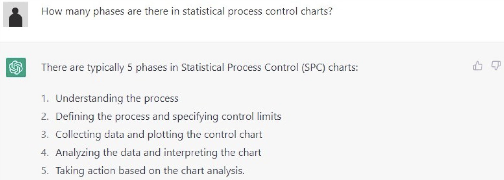 chatGPT prompt reading How many phases are there in statistical process control charts? With the response There are typically 5 phases in Statistical Process Control (SPC) charts: 1. Understanding the process 2. Defining the process and specifying control limits 3. Collecting data and plotting the control chart 4. Analyzing the data and interpreting the chart 5. Taking action based on the chart analysis.