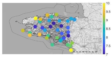 Network graph ofTemperatures at recording stations, Britanny, at 14:00, January 23, 2014 with colors from blue to green to yellow