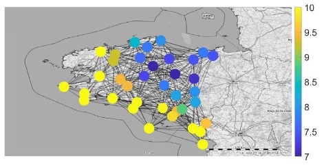 Network graph ofTemperatures at recording stations, Britanny, at 4:00, January 23, 2014 with colors from blue